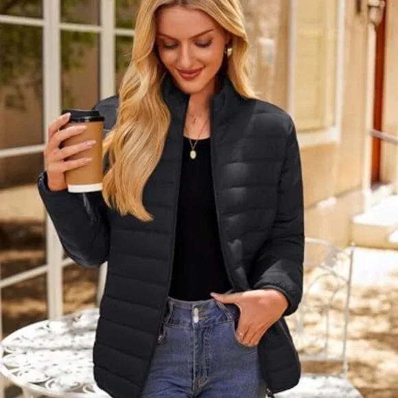 Quilted Puffer Jacket Lightweight Warm Winter Coat Stand Collar Full Zip Chic